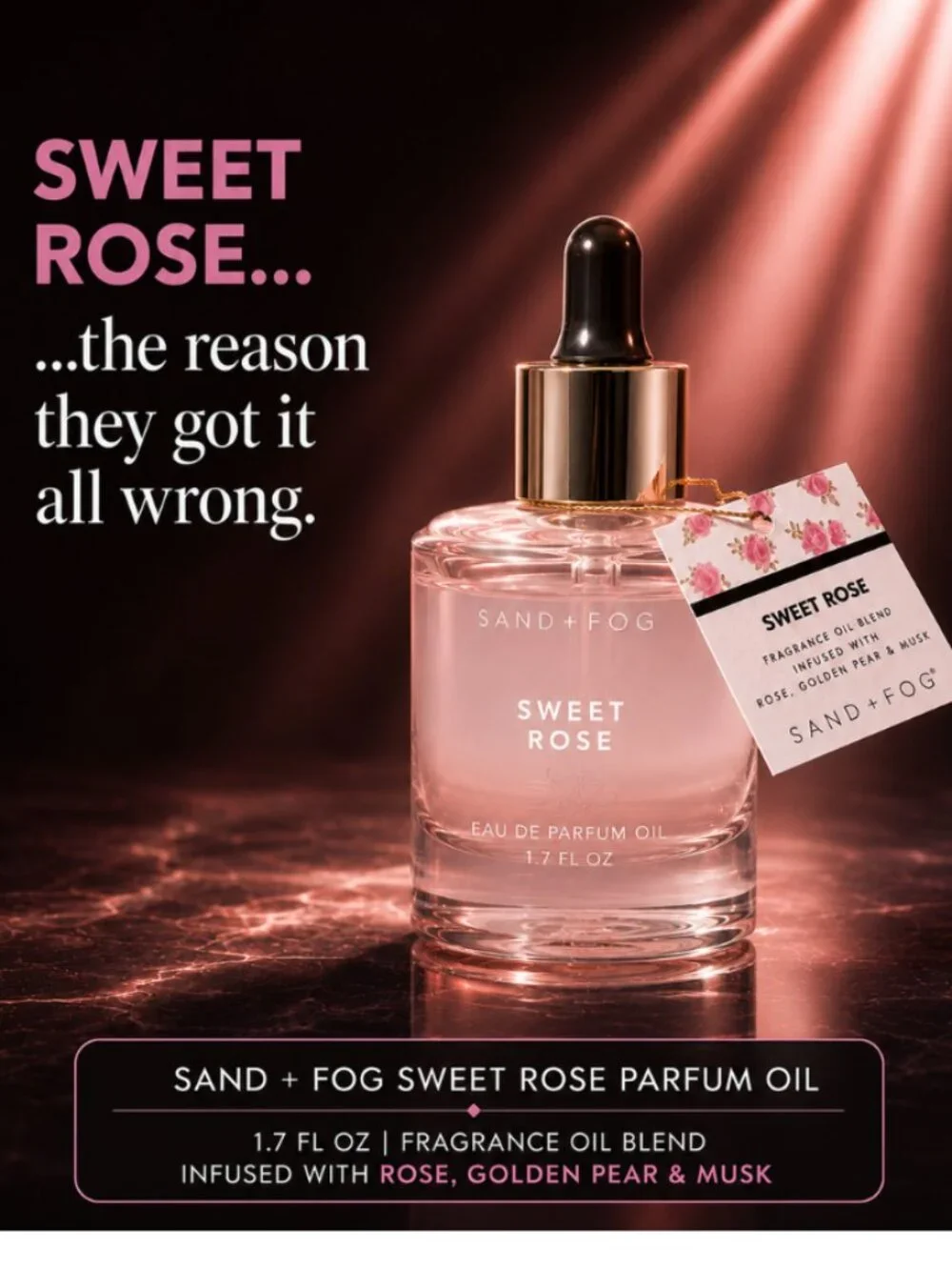 Sweet Rose | You're on Their Mind | Sand + Fog Parfum Oil 1.7 oz Rose Pear Musk